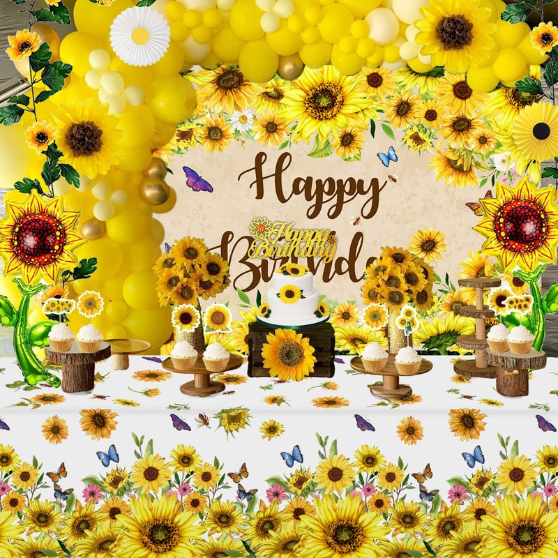 BORAMDO Sunflower Birthday Party Decoration Pack 111 Pcs Baby Shower Party Supplies Wedding Decor include Backdrop Tablecloth Artificial Sunflower Garland Cake Topper Balloon Garland Arch Tissue Paper Flower - Image 5